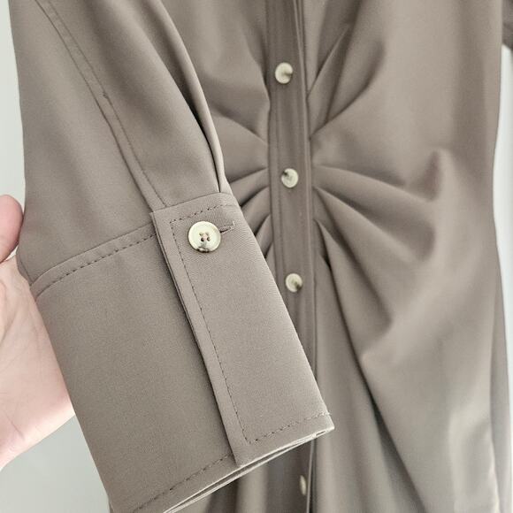 Zara | Blogger Fav Taupe Brown Draped‎ Ruched Front Midi Button-down Dress Sz M - Picture 5 of 12